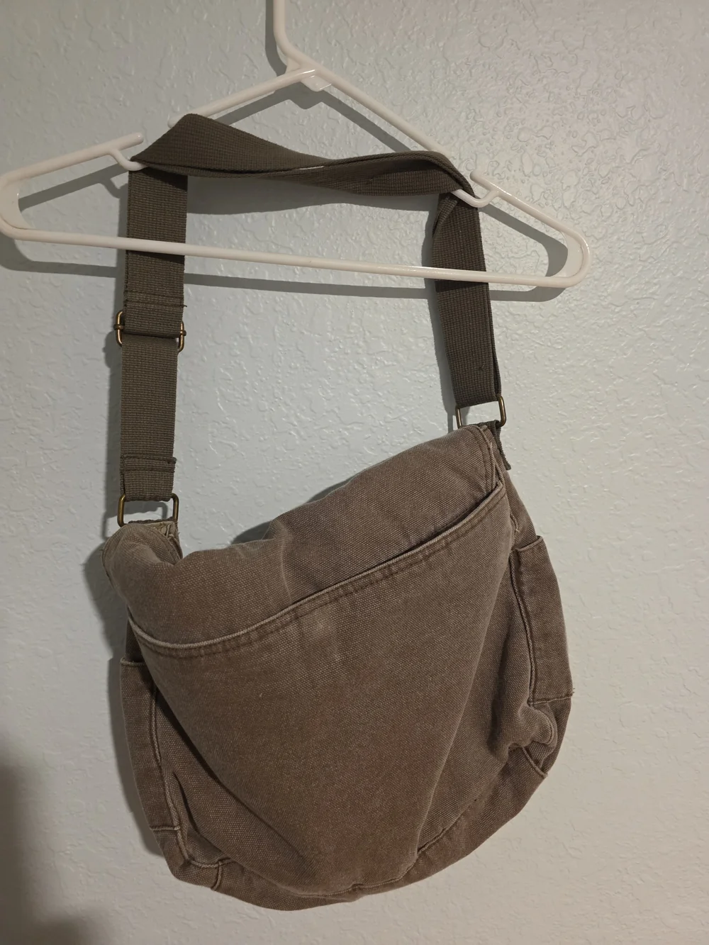Old Navy Taupe Canvas Messenger Bag with Gold Studs Mushrooms